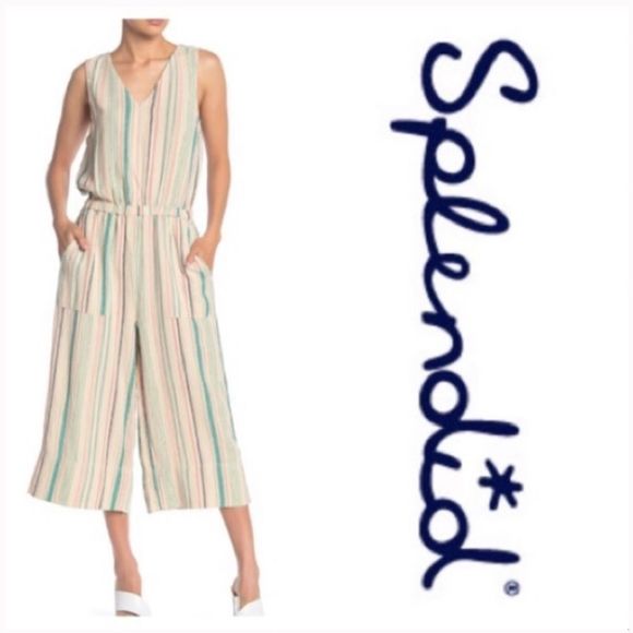 Splendid Striped Linen Cropped Jumpsuit Size Small - Picture 1 of 7